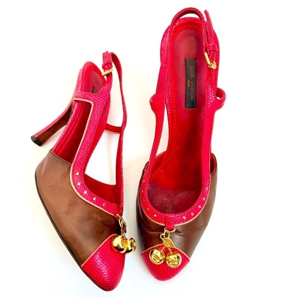 Louis Vuitton Brown Red Leather Takashi Murukami Cherry Sling back pumps EU 38.5